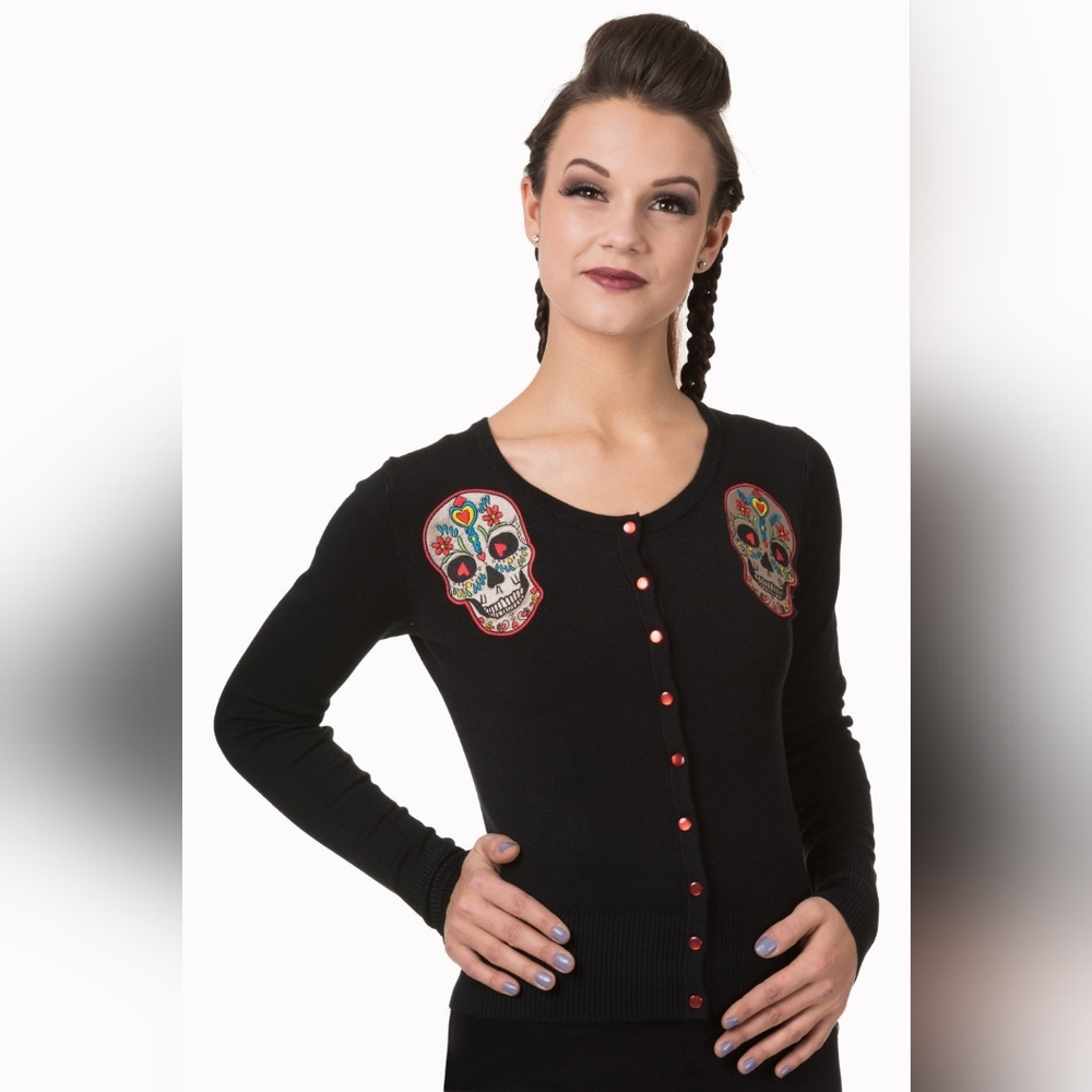 Banned Alternative Rockabilly Black Cardigan Embroudered  Sugar Skull Design -Sm